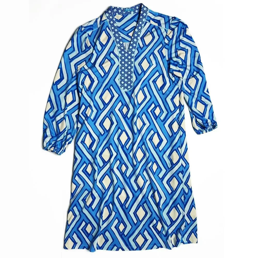 J McLaughlin Emer Long Sleeve Blue White Vilhada Souk Geometric Print Mini Dress